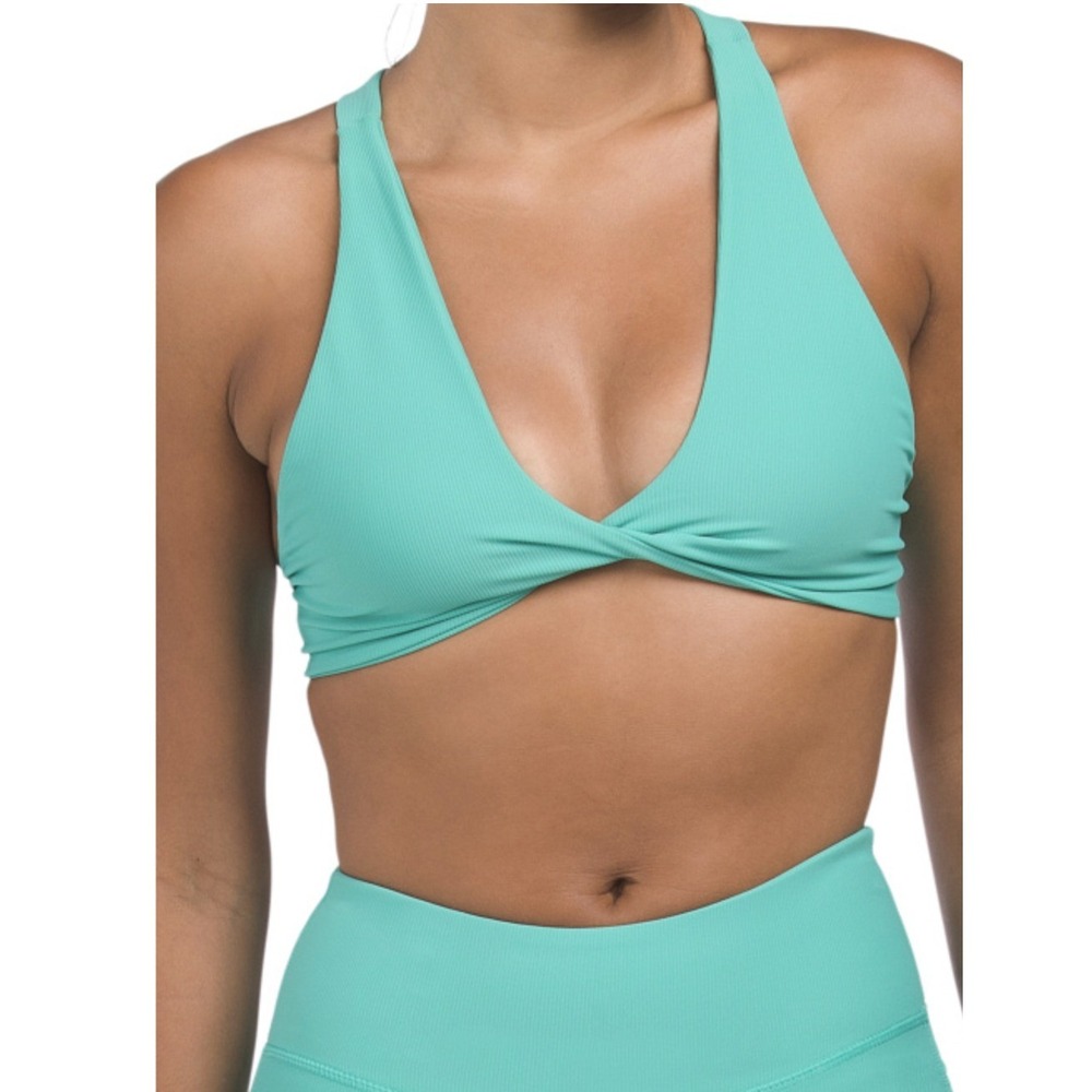 Wilo The Label Summer Green Ribbed Activewear Set Twist Bra Ruched Shorts XS NWT